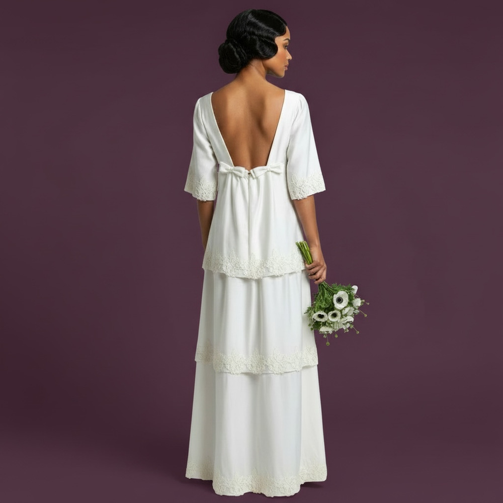 Vintage 60s Emma Domb Wedding Gown XS Mod Art Deco Revival Bow Bridal Dress